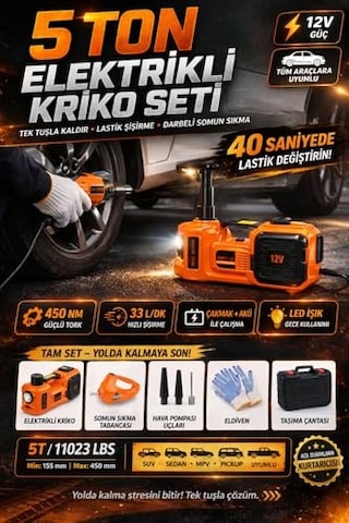 5 Ton Elektrikli Kriko Seti 12v, 3'ü 1 Arada Hidrolik Araç Krikosu Somun Sıkma Tabancası Hava Kompresörü, 450nm To