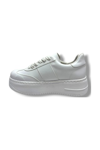 Şanzelize K16-26 Cilt Deri Yüksek Anatomik Taban Bağcıklı Kadın Sneaker Beyaz