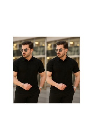 Butik İstanbul Erkek Kısa Kollu Yakalı Çizgi Desenli Triko Bluz Siyah