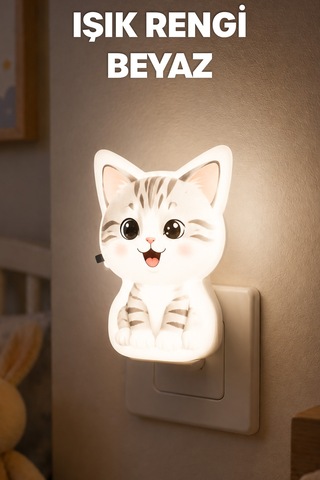 Kedi Gece Lambası On/off Tuşlu Koridor Hol Işığı Uyuma Işığı Beyaz Gc19