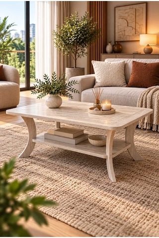 Orta Sehpa Traverten Desen Dikdörtgen 90 Cm Genişlik - 55 Cm En - Mdf Ayak 46 Cm Yükseklik Modern Orta Sehpa Traverten