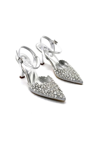 Trendyshose 06412 Taşlı İnce Topuk Kadın Ayakkabı Gumus