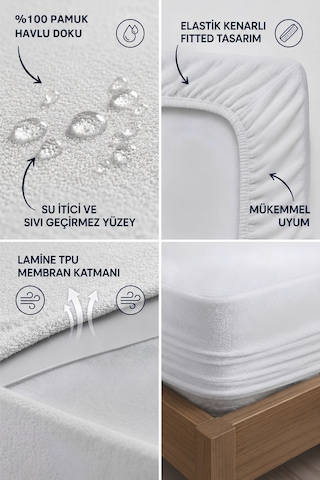 Formeya Alez %100 Pamuk Fitted Su Sıvı Geçirmez Yatak Koruyu Beyaz