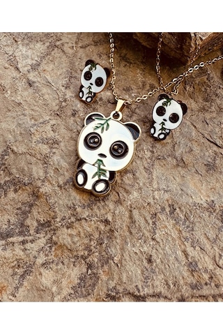 Şaşkın Panda Mineli Altın Renk Çelik Çocuk Küpe Kolye Set