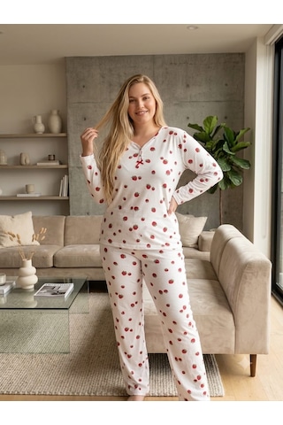 Büyük Beden Uzun Kol Pamuklu Likralı İnterlok Kumaş Pijama Takımı Kırmızı