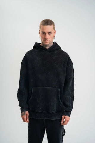 Barlashive Erkek 3 İplik Pamuklu Kapüşonlu Yıkamalı Nakışlı Hoodie Sweatshirt - Siyah Çok Renkli