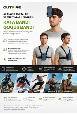 Outfire Aksiyon Kamerası ve Telefon ile Uyumlu Kafa ve Göğüs Bandı
