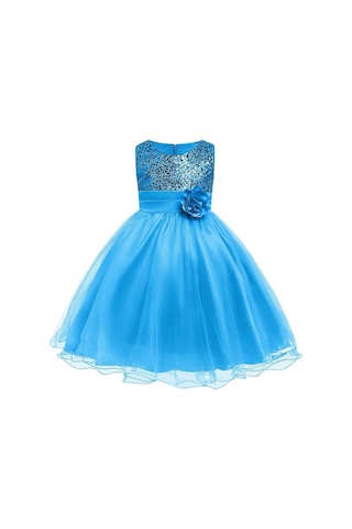 Kız Çocuk Pullu Payetli Abiye Elbise-Turkuaz