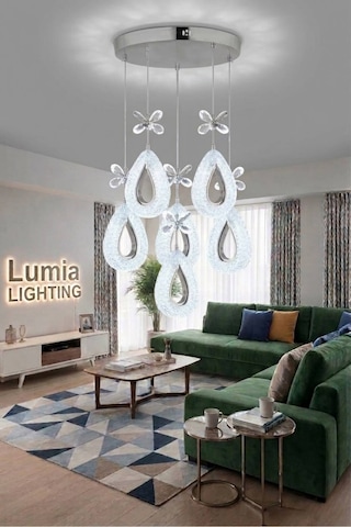 Lumia Lighting Damla Model 6'lı Gümüş Kumandalı 3 Renk Modu Ledli Kristal Taşlı Modern Salon Mutfak Oturma Odası Led Avize