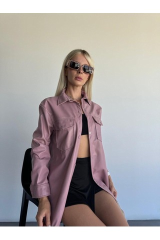 Kadın Pembe Oversize Düz Kesim Deri Ceket Pembe
