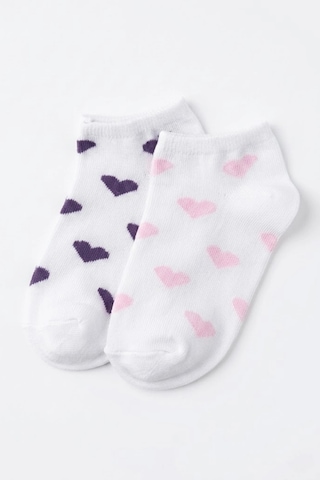 Cocole Socks Kız Bebek Patik Çorabı 2 Li Set Pamuklu Beyaz Zemin Üzeri Pudra Pembe & Mor Kalp Desenl Çok Renkli