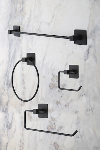 MultiStore Siyah Kare Yapışkanlı Uzun Havluluk Halka Havluluk Wc Açık Tuvalet Kağıtlığı Rulo Havluluk 4lü Set Siyah