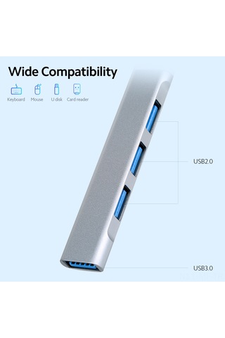 Mufunye Alüminyum 4-port Usb Hub: 1x Usb3.0 + 3x Usb2.0 Çoklayıcı, Gümüş Renk, 8cm Kablolu