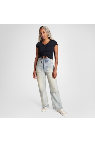 Converse Classic Kadın Slim Fit V Yaka Büzgülü Siyah T-shirt