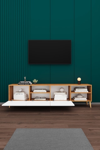 Asra Trend Tv Ünitesi T-20 %100 MDF 200 cm Büyük Boy Tv Sehpası Dolaplı Raflı Petra-Beyaz