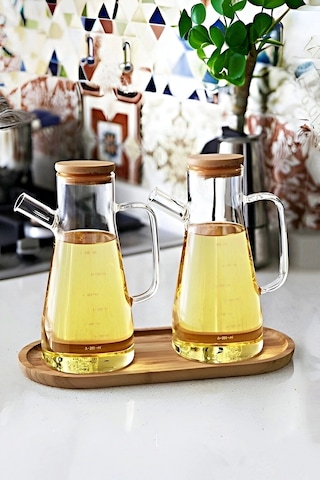 Bambu Kapaklı Cam Yağdanlık Vakumlu Ahşap Stantlı Sirkelik Zeytinyağı Şişesi Yağlık 900 Ml 3'lü Set