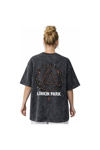 Sevbano Linkin Park Rock Metal Müzik Grubu Sırt Baskılı Unisex Oversize V Siyah