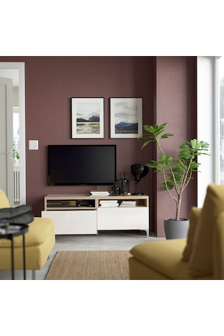 Tv Sehpası, Ağartılmış Meşe Görünümlü-parlak Cila-beyaz, 120x40x48 Cm, Selsvıken, Fren Raylı Beyaz