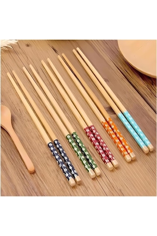 10 Adet Bambu Desenli Yıkanabilir Çin Çubuk - Sushi, Ramen Ve Noodle Yemek Çubukları Seti Genel