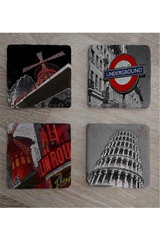 Moulin Rouge Pisa Kulesi Ve Londra Metro Girişi Doğal Taş Bardak Altlığı 4'lü Set - Natural Stone Coasters - Taş Çok Renkli