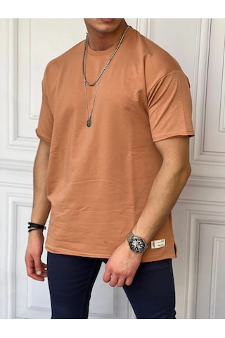 Modefendi Pamuk Likra Yırtmaç Detaylı 2 İplik Oversize Tshirt Hardal