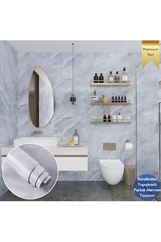 Technosmart 60x500cm Mermer Desen Kendinden Yapışkanlı Duvar Kağıdı Kaplama Mutfak Tezgeh Masa Folyo Açık Gri