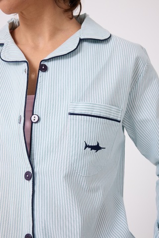 Lespadon Marısılk Seastrıpe Premium Dokuma Uzun Kollu Uzun Pantolonlu Kadın Pijama & Lounge Takımı-3197 Yesil