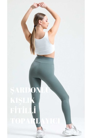 Haki Yüksek Bel Fitilli Toparlayıcı İnterlok Örme Şardonlu Spor Kışlık Tayt Haki