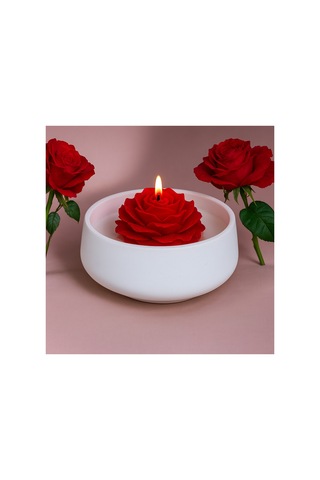 El Yapımı Kırmızı Gül Şekilli Mum Seramik Kaseli Romantik Dekoratif Mum Aymumi Home Beyaz