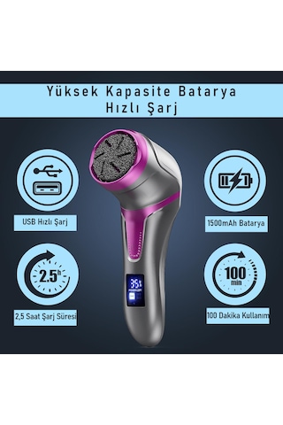 Valkyrie Profesyonel Ayak Bakım Cihazı 360 Dönen Başlık Dijital Ekranlı, Şarjlı & 10 Parça Pedikür Kiti Mor