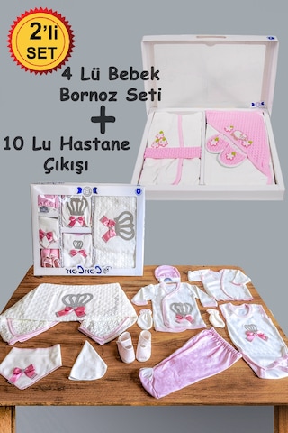 10 Parça Pembe Taşlı Hastane Çıkışı Ve 4 Parça Bebek Bornoz Seti Pembe