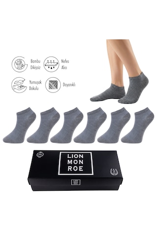 Lion Monroe Saf Bambu Erkek Patik Düz Kısa Gri Melanj Çorap Dikişsiz Premium Kutulu 6'lı L5952aznp Softaura