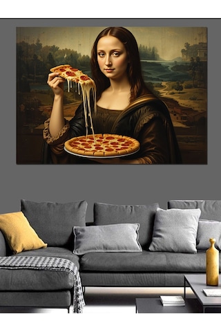 Pizza Yiyen Mona Lisa Dekoratif Kanvas - Mdf Ahşap Tablo