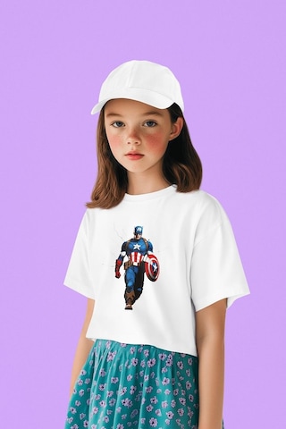 Sevbano Kaptan Amerika Baskılı Unisex Avengers Çizgi Film Çocuk Tişört 1 Beyaz