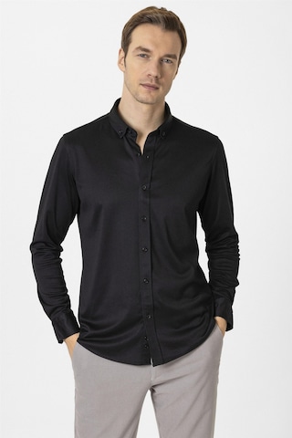 Süvari Siyah Slim Fit Armürlü Düğmeli Yaka Gömlek-34588 Siyah