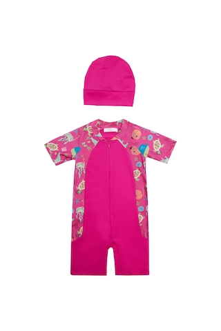 Uv Korumalı Kısa Kollu Tulum Kız Bebek Çocuk Yüzücü Mayo 1910 Fuşya Fuşya