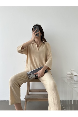 Kadın Polo Yaka Üst Pantolon Ikili Takım Bej