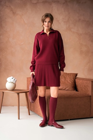 Kadın Polo Yaka Düşük Kol Kazak Kısa Etek İkili Triko Takım Bordo