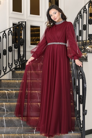 Senna Taş Detaylı Büyük Beden Şık Tesettür Abiye Bordo