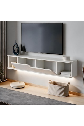 İnarch Dizayn Twist Led Işıklı Duvara Monte Tv Sehpası - 2 Kapaklı Beyaz
