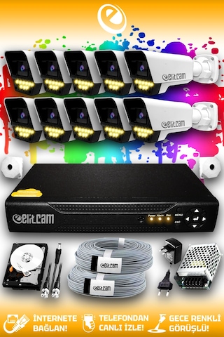 Elitcam 10 Kameralı Süper 10 Dış Kamera Set 320 GB 5 MP 2K Net Renkli Gece Görüşlü Güvenlik Kamerası Sistemi