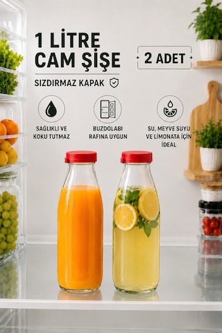Rotanev 2 Adet 1 Litre Şeffaf Sürahi Süt, Ayran, Su, Limonata, Meşrubat Şişesi Plastik Kapaklı Cam Şişe