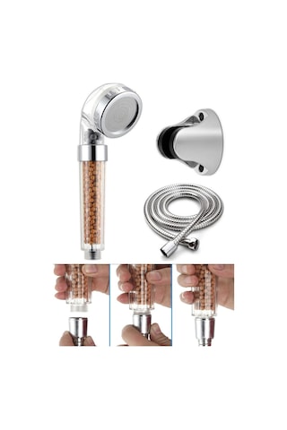 Kustar Filtreli Ve Su Tasarruflu Arıtmalı Duş Başlığı Seti Boncuklu Başlık Hortum Ve Mafsal Set