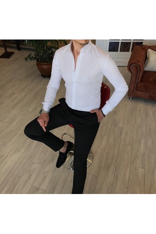 Italyan Stil Slim Fit Dik Yaka Saten Erkek Gömlek Beyaz T4754