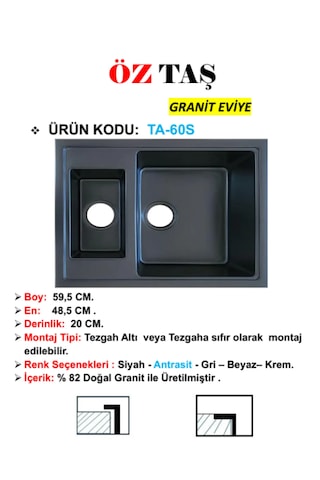 Öztaş TA-60s Granit Mutfak Eviye Siyah Tek Gözlü 485 x 595 MM