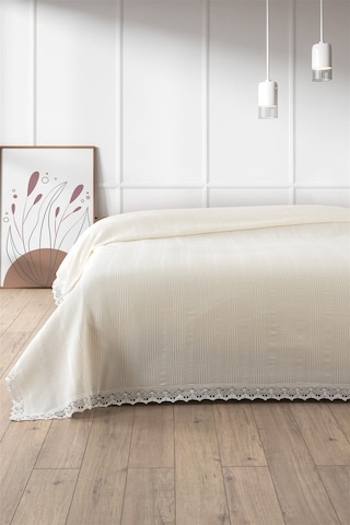 %100 Pamuk Çift Kişilik Kopanaki Dantelli Waffle Pike-210x230 Cm-krem Krem Krem