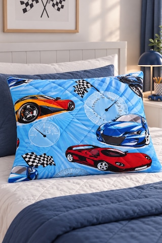 Kapitone Fermuarlı Yastık Alezi 50x70 Cm Pamuklu Yastık Koruyucu Kılıf Elyaf Dolgulu Mavi Araba