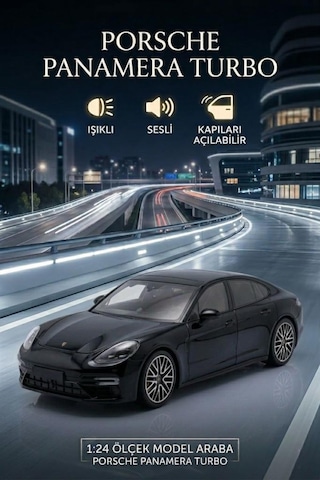 Işıklı Sesli Pilli 1:24 Metal Porsche Panamera Turbo Kapısı Kaputu Ve Bagajı Açılabilir Model Araba Siyah