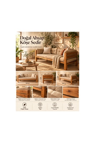 Doğal Ahşap Sedir Koltuk 140x70 Cm Masif Ahşap Yan Panelli Modern Daybed / Balkon Ve Salon Sedir Koyu Ceviz