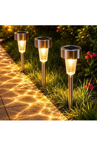 Solar Bahçe Aydınlatma Lambası 3 Adet Paslanmaz Çelik Led Saksı & Yol Işığı Sarı